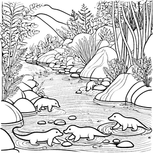 Putzige Schnabeltiere am spritzigen Flussausmalbild für kleine Wasserratten