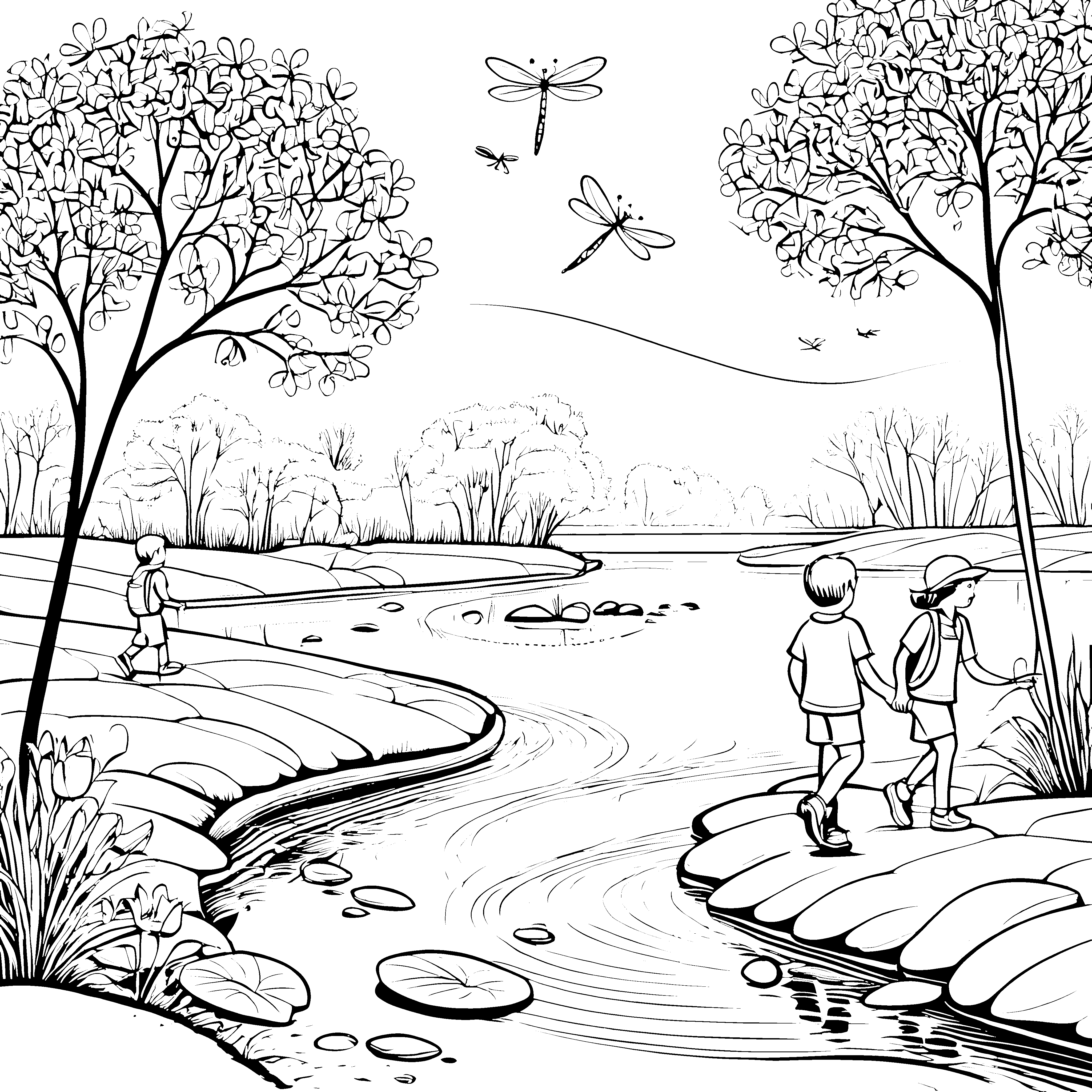 Lustige Kinder beim Entdecken am Ufer Ausmalvorlage für neugierige Naturforscher