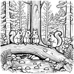 Flauschige Eichhörnchen Babys beim fröhlichen Nussfest Malvorlage für kleine Tierliebhaber