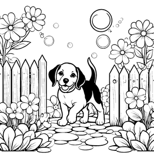 Beagle voller Lebensfreude im blühenden Garten Ausmalvorlage für fröhliche Tierliebhaber