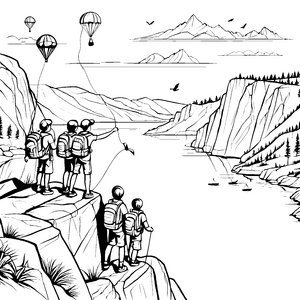 Dynamische Abenteurer am steilen Klippenrand Ausmalbild für junge Entdecker