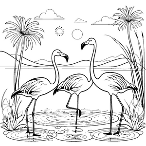 Zwei elegante Flamingos am ruhigen See Ausmalvorlage für abenteuerliche Künstler