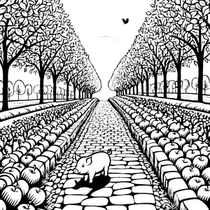 Hängebauchschwein-Ferkel auf entdeckungsreicher Obstwiese Ausmalbild für kleine Forscher