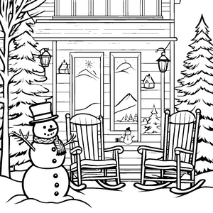 Spaßiger Schneemann vor gemütlichem Zuhause Ausmalbild für fröhliche Winterfreunde