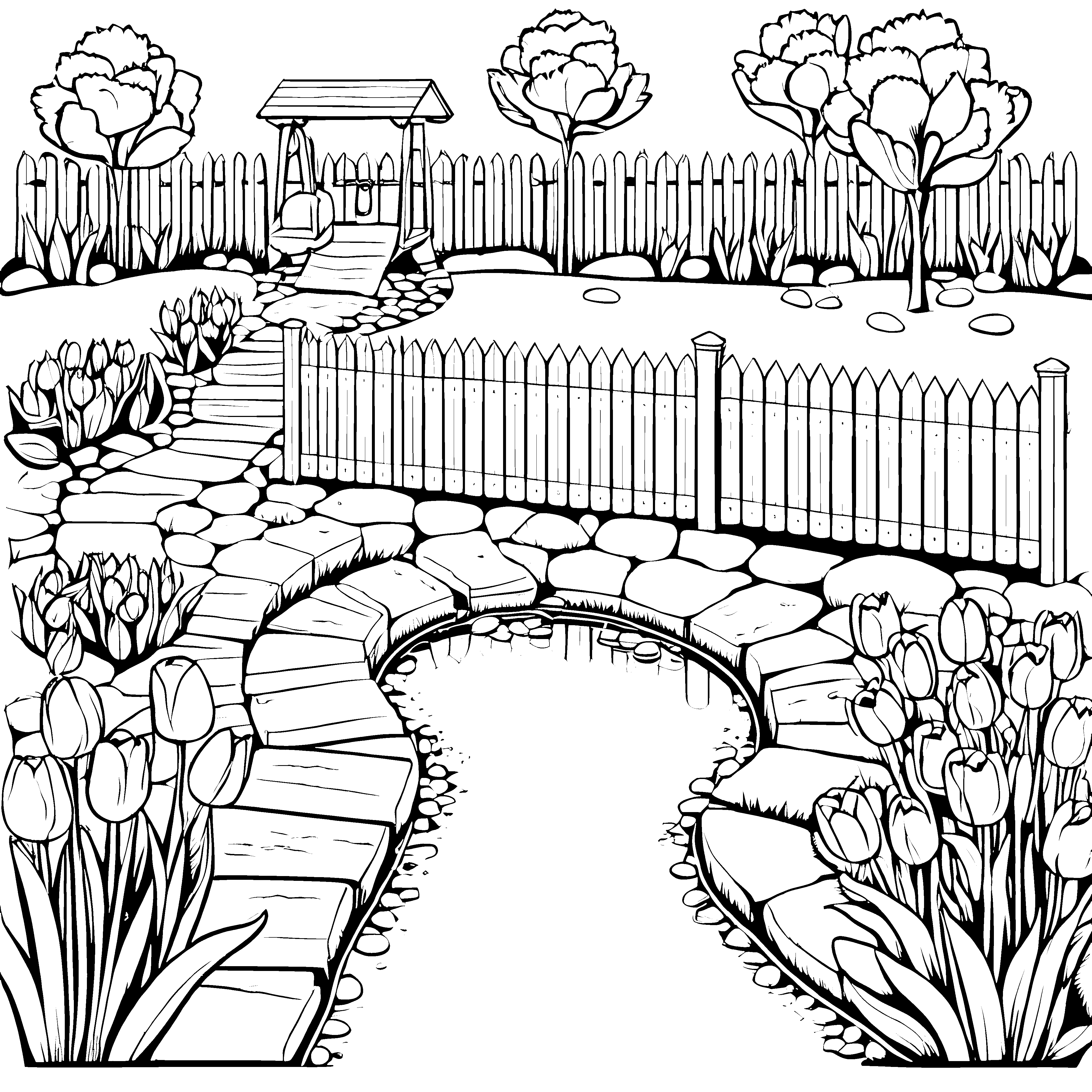 Gemütlicher Gartenzaun mit blühenden Tulpen Ausmalvorlage für fantasievolle Naturfreunde