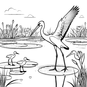Majestätischer Storch im schimmernden Teich Ausmalbild für kreative Wasserliebhaber