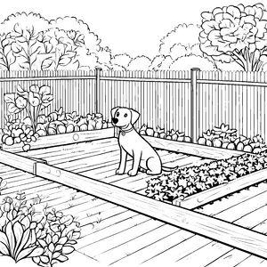 Lebendiger Garten mit freundlichem Hund Ausmalbild für kleine Gartenliebhaber