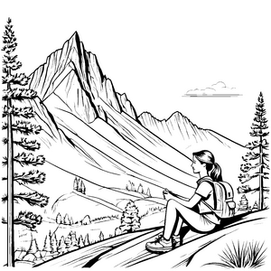 Atemberaubende Berglandschaft mit ruhiger Wanderin Ausmalvorlage für neugierige Naturfreunde
