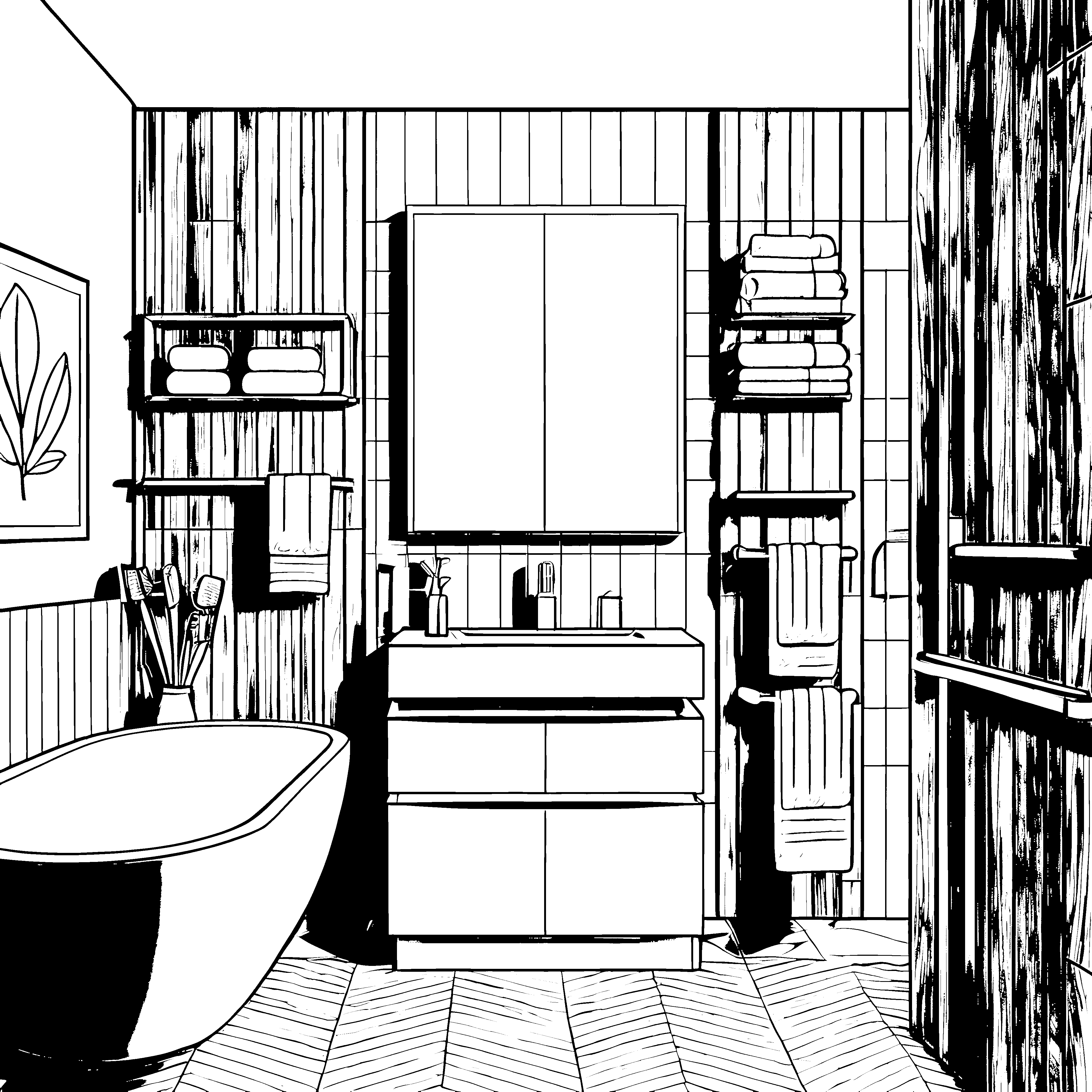 Stilvoller Badezimmerschrank mit praktischen Details Ausmalvorlage für kreative Designer