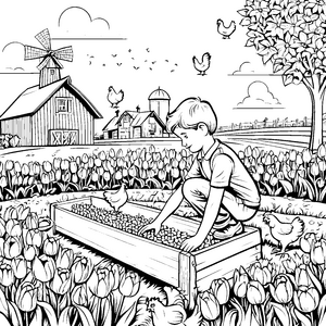 Hühner füttern im bunten Tulpenfeld Ausmalvorlage für neugierige Entdecker