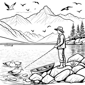 Faszinierender Angler am glitzernden See Malvorlage für abenteuerliche Entdecker