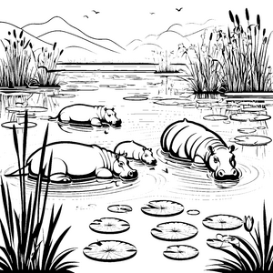 Kuschelige Nilpferde im ruhigen Wasser Ausmalvorlage für kleine Wasserfreunde