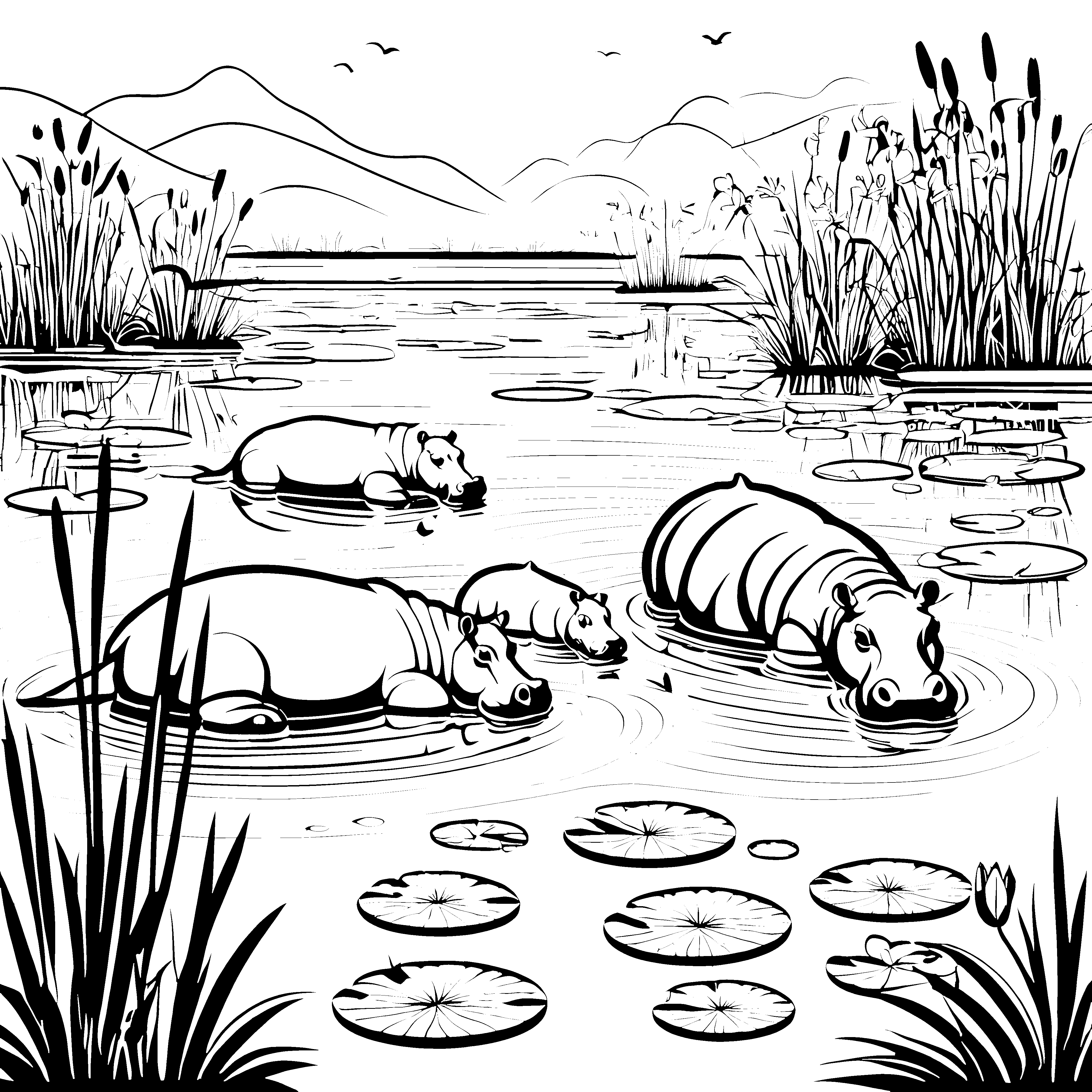Kuschelige Nilpferde im ruhigen Wasser Ausmalvorlage für kleine Wasserfreunde