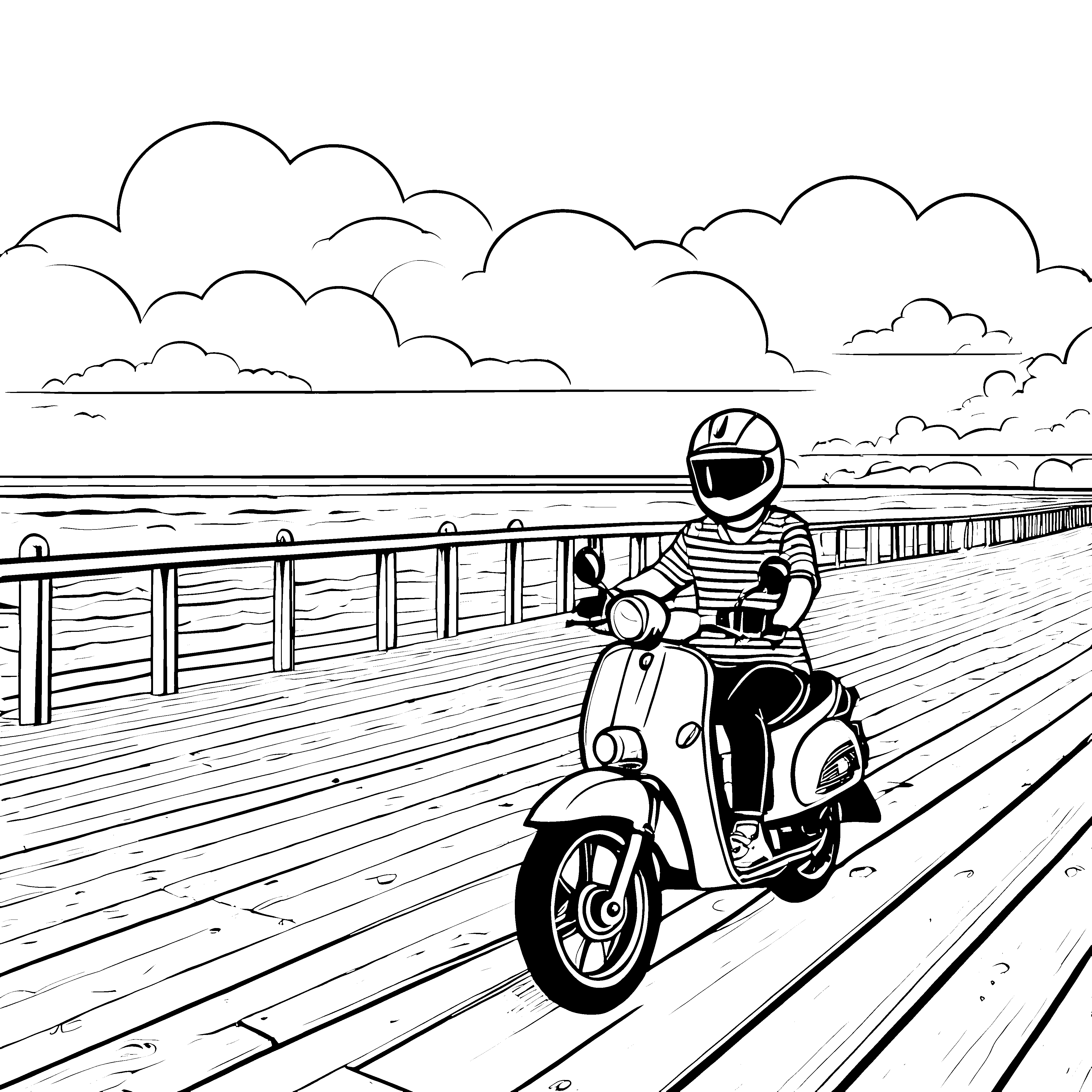 Spannendes Moped-Abenteuer entlang der Küstenpromenade Ausmalbild für junge Entdecker