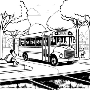 Fröhlicher Busfahrer mit bunten Fahrgästen Ausmalbild für junge Verkehrsentdecker