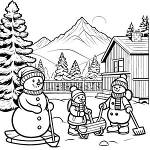 Schneemann-Familie beim Winterspiel Ausmalvorlage für fröhliche Entdecker