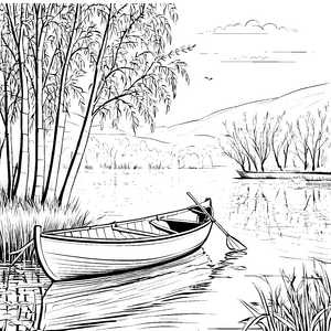 Ruderboot auf ruhigem Wasser Malvorlage für kleine Abenteuerlustige