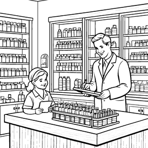 Beratender Apotheker mit fröhlicher Visitantin Ausmalvorlage für neugierige Entdecker