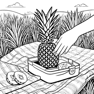 Fröhliche Ananas in der bunten Obstkiste Ausmalbild für kleine Küchenchefs