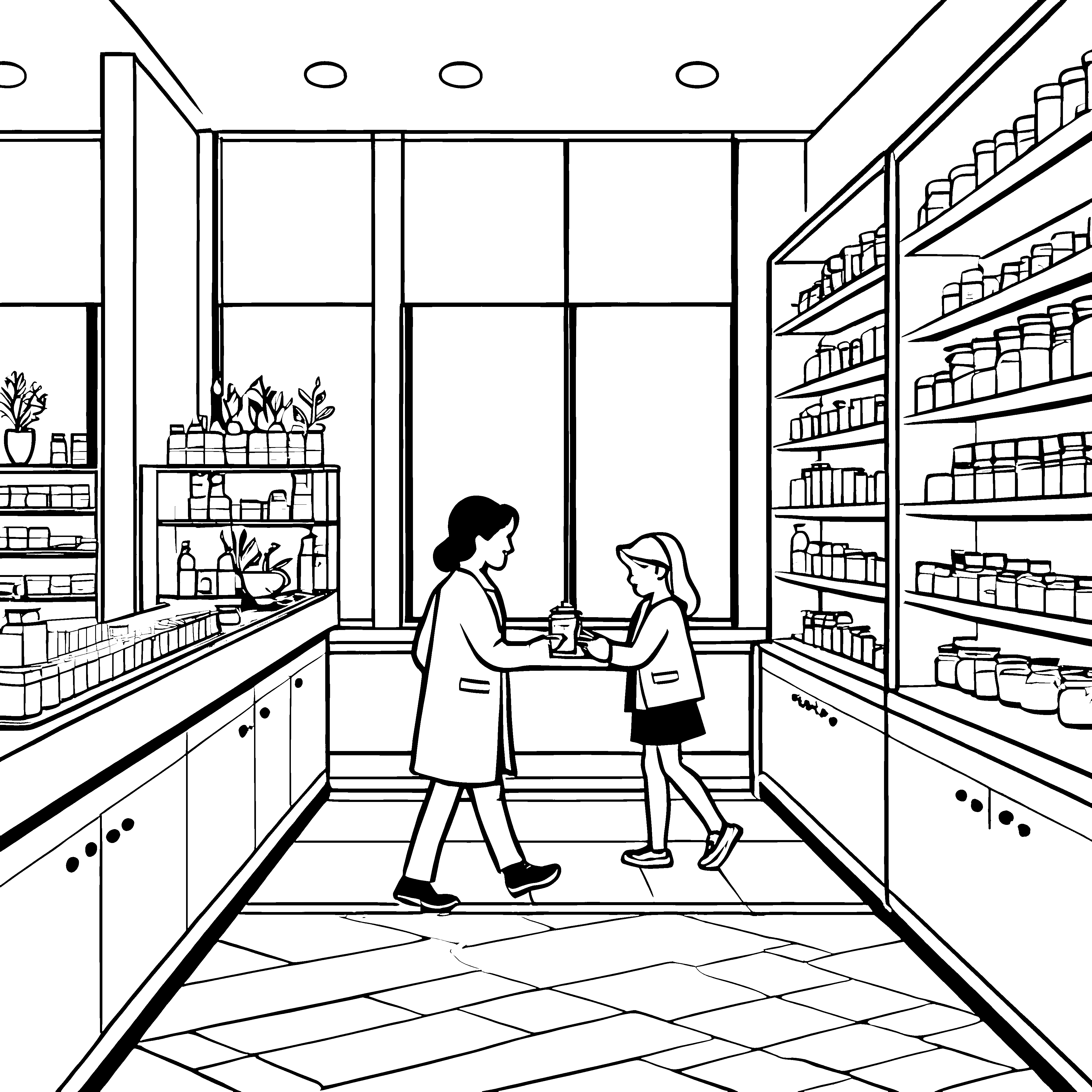 Apotheke mit freundlicher Mitarbeiterin Malvorlage für kleine Gesundheitsgurus