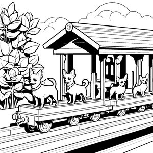 Freche Chihuahuas auf dem Waggon Abenteuer-Ausmalbild für kleine Entdecker