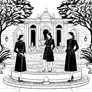 Elegante Damenmäntel vor beeindruckendem Brunnen Ausmalvorlage für stilbewusste Künstler