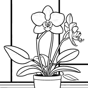 Elegante Orchideen im blühenden Topf Ausmalvorlage für wundersame Pflanzenentdecker