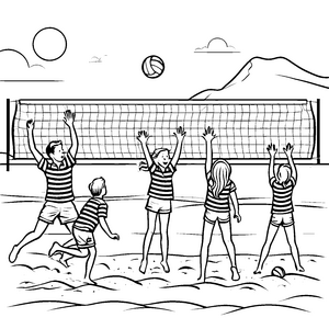 Spritzige Volleyballrunde am Strand Malvorlage für aktive Sommerfreunde