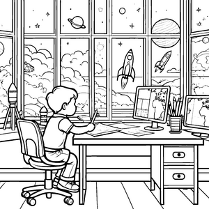 Futuristische Monitore mit galaktischem Ausblick Ausmalmotiv für kleine Raumfahrer
