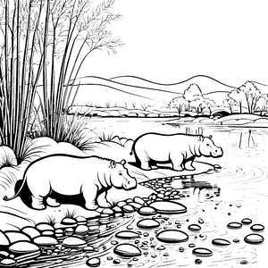 Fröhliche Flusspferde am glitzernden Wasser Ausmalvorlage für kleine Wasserfreunde