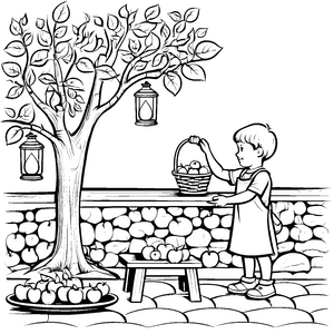 Fröhliches Apfelpflücken am Baum Ausmalmotiv für kleine Naturfreunde