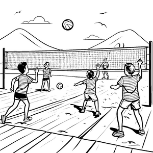 Spannendes Volleyballspiel am Strand Ausmalbild für sportliche Nachwuchsathleten