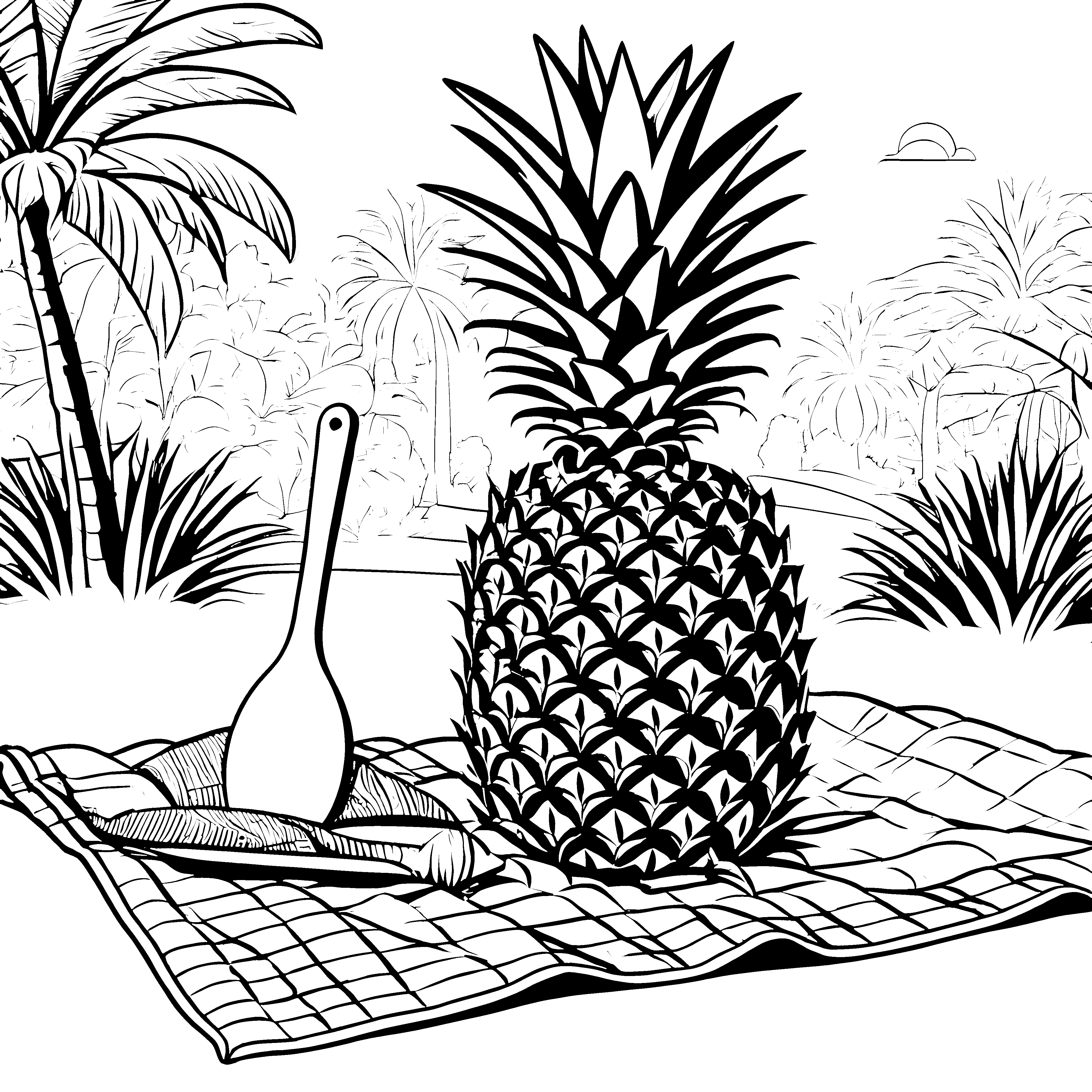 Süße Ananas auf buntem Picknicktuch Ausmalmotiv für fröhliche Künstler