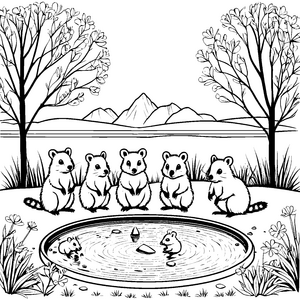 Quokka Babys plaudern fröhlich am Teich Ausmalbild für lebensfrohe Entdecker