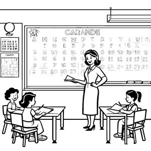 Lehrerin erklärt mit fröhlichen Schülern Ausmalbild für wissbegierige Entdecker