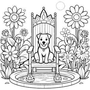 Majestätischer Thron mit fröhlichem Hund Ausmalbild für tierliebe Künstler