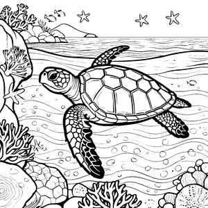 Faszination Schildkröte beim Schwimmen im Korallenriff Ausmalvorlage für kleine Meeresforscher