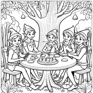 Elfen bei fröhlichem Spiel unter dem Baum Ausmalbild für kleine Fantasie-Entdecker