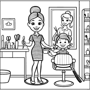 Friseurstuhl mit fröhlichem Mädchen Ausmalvorlage für kreative Friseurfreunde