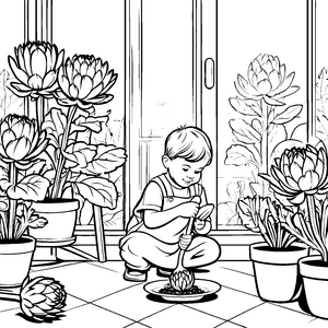 Artischocken pflanzen mit einem fröhlichen Jungen Ausmalvorlage für neugierige Gartenfreunde