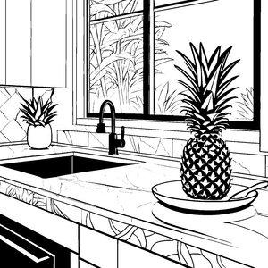 Fröhliche Ananas auf der bunten Küchentheke Ausmalvorlage für kleine Küchenchefs