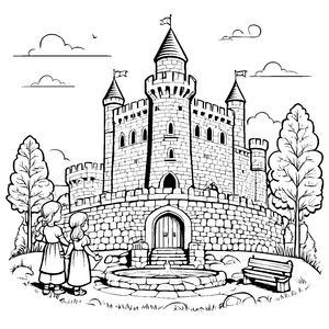 Majestätische Burg mit zwei neugierigen Mädchen Ausmalbild für kleine Entdeckerinnen