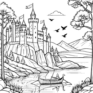 Majestätische Burg mit malerischer Landschaft Ausmalbild für abenteuerliche Entdecker