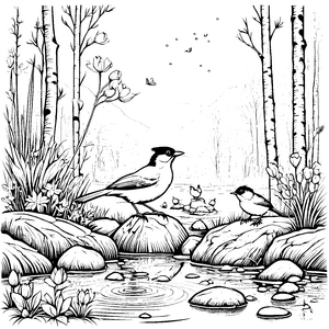 Flauschige Vögel beim fröhlichen Füttern Ausmalvorlage für neugierige Naturentdecker