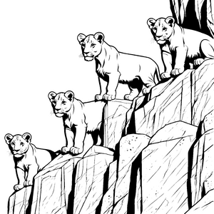 Kleine Löwenbabys erkunden majestätische Felsen Ausmalvorlage für neugierige Tierfreunde