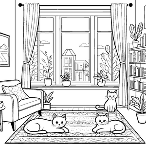 Schmusekatzen im gemütlichen Wohnzimmer Ausmalbild für entspannte Kreative