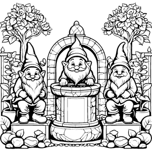 Lustige Gartenzwerge am sprudelnden Brunnen Ausmalvorlage für fantasievolle Künstler