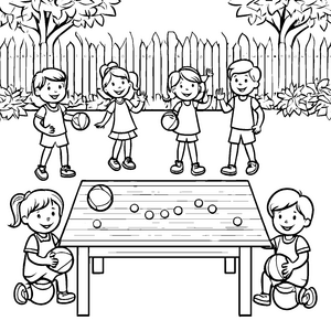 Medizinballspiel mit fröhlichen Kindern am Tisch Ausmalvorlage für kleine Sportler