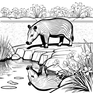 Spannender Tapir am glitzernden Teich Ausmalbild für kleine Naturforscher