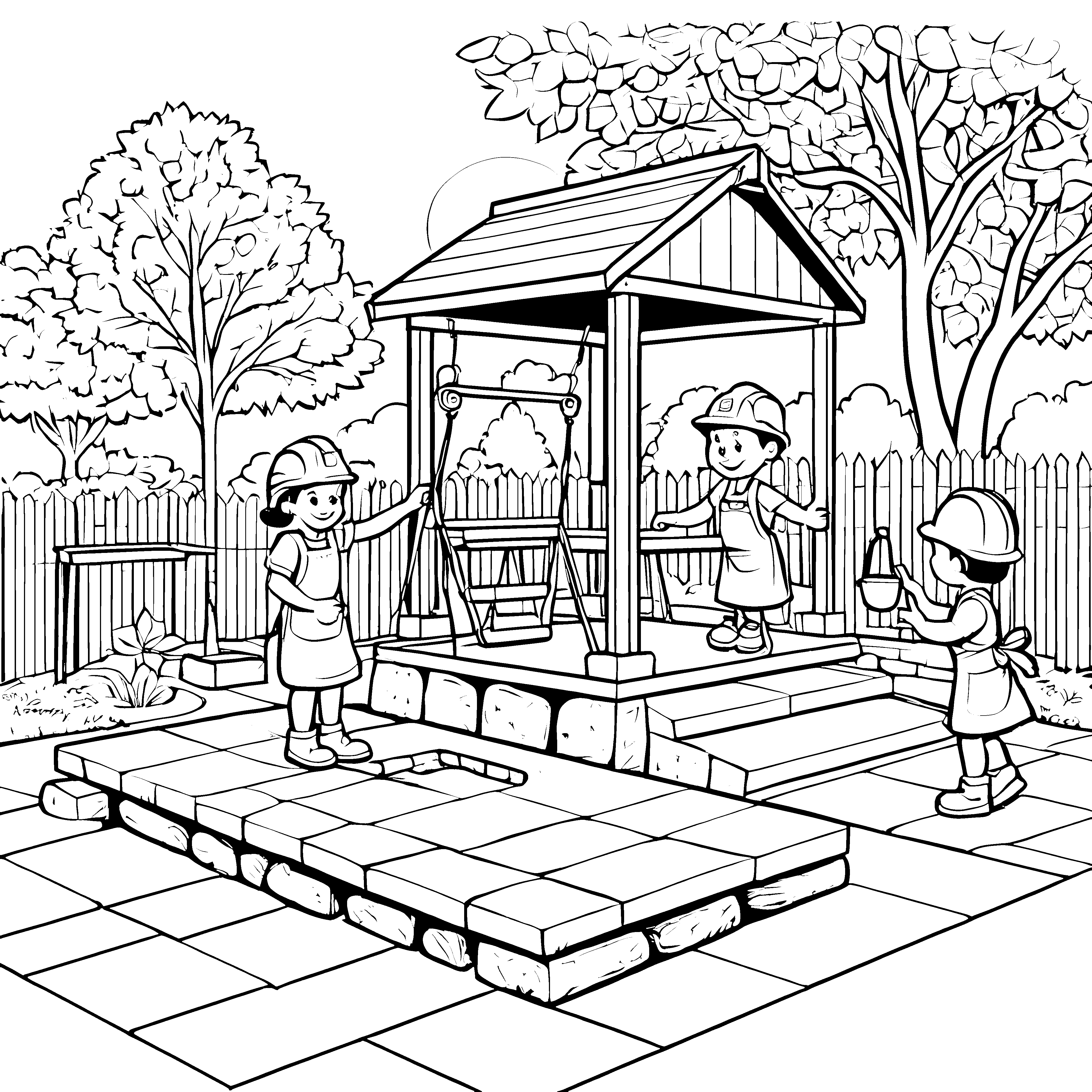 Bauende Kinder beim fröhlichen Spiel Ausmalbild für kreative Handwerker